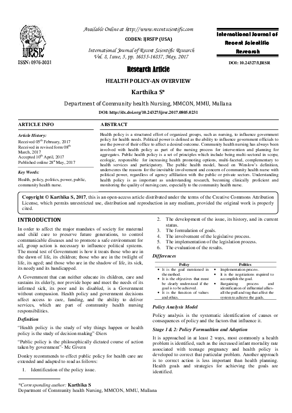 (PDF) HEALTH POLICY-AN OVERVIEW
