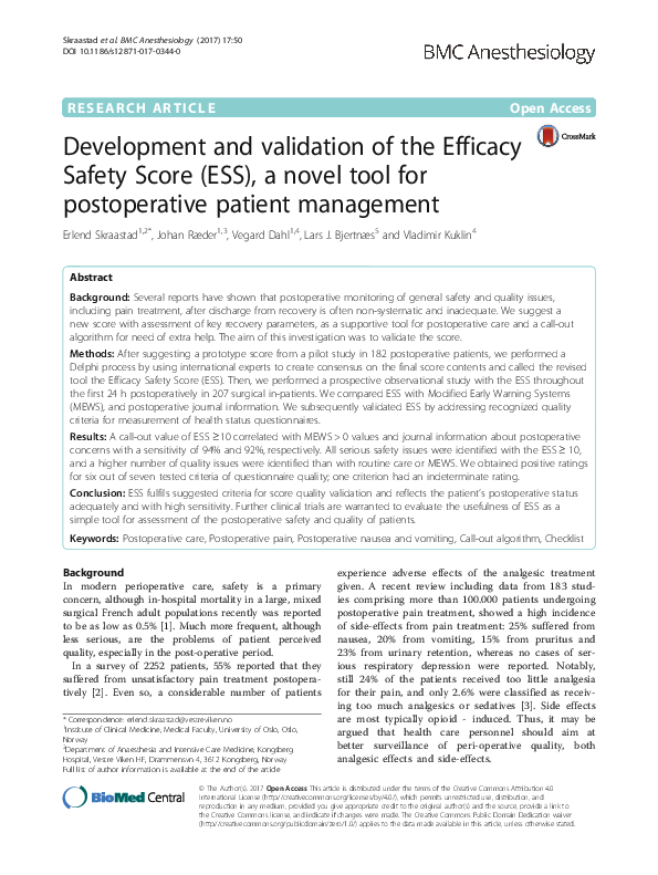 (PDF) Development and validation of the Efficacy Safety Score (ESS), a ...