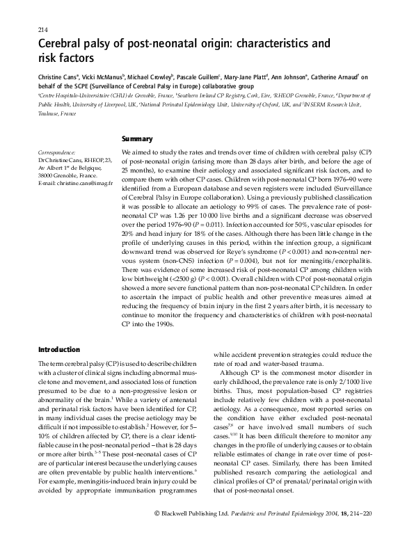 (PDF) Cerebral palsy of post-neonatal origin: characteristics and risk ...