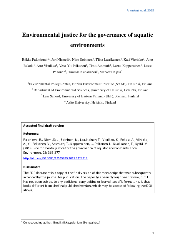 (PDF) Environmental justice for the governance of aquatic environments