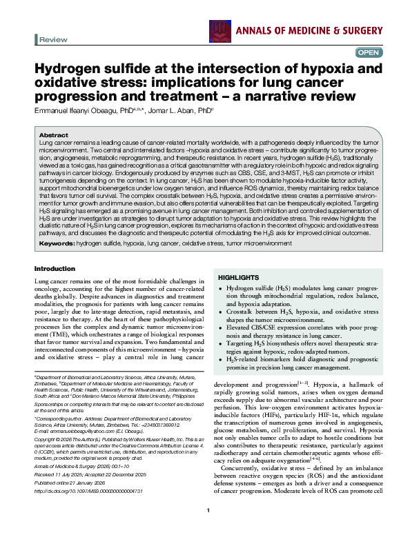 (PDF) Hydrogen sulfide at the intersection of hypoxia and oxidative ...