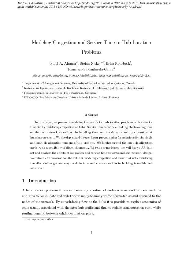 (PDF) Modeling congestion and service time in hub location problems