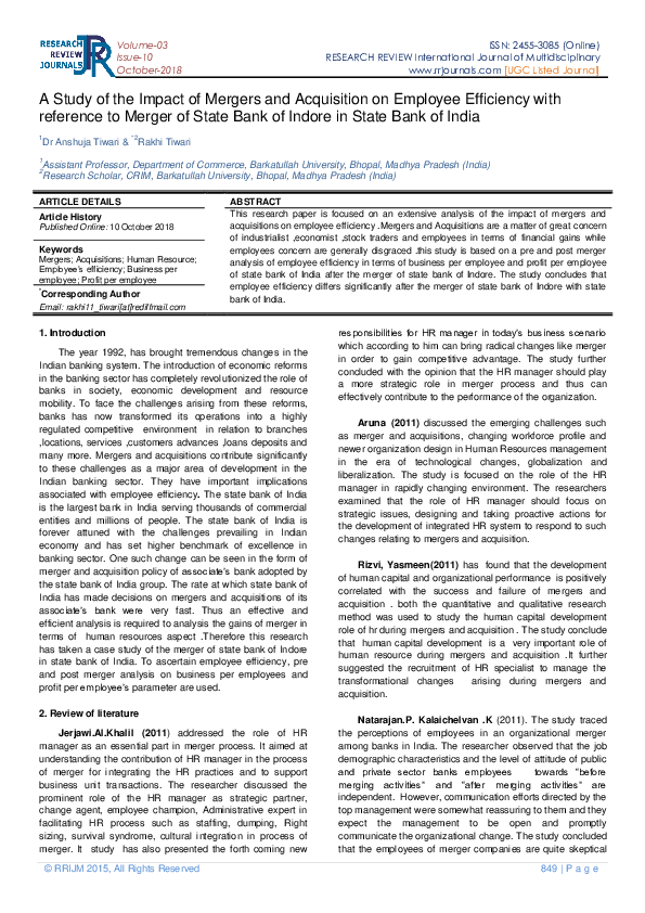 (PDF) A Study of the Impact of Mergers and Acquisition on Employee ...