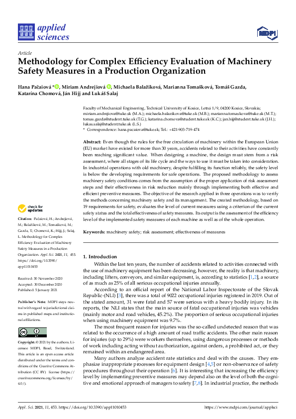 (PDF) Methodology for Complex Efficiency Evaluation of Machinery Safety ...
