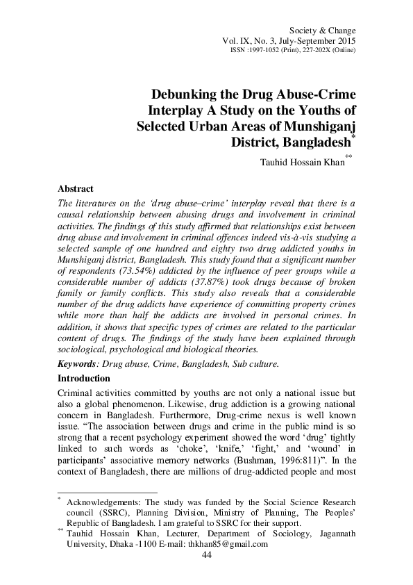 (PDF) Debunking the Drug Abuse-Crime Interplay A Study on the Youths of ...