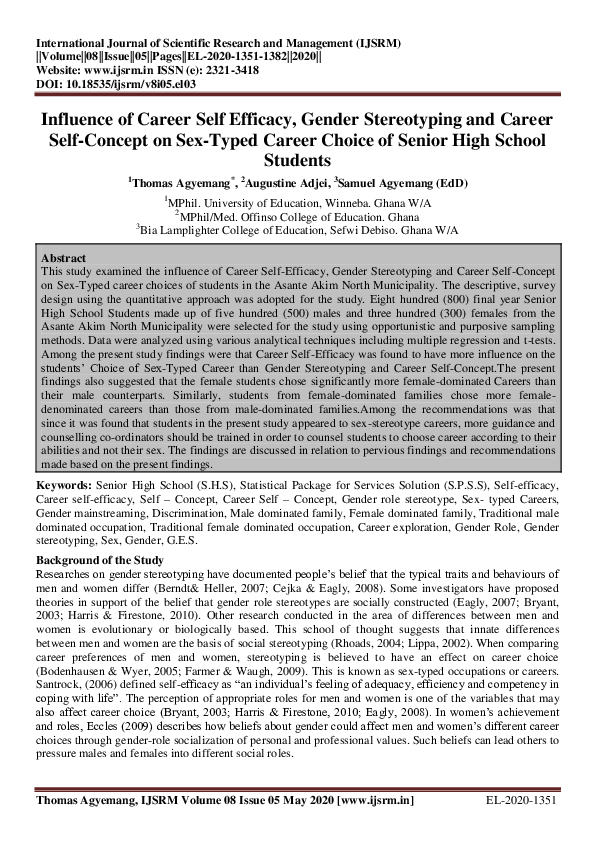 (PDF) Influence of Career Self Efficacy, Gender Stereotyping and Career ...