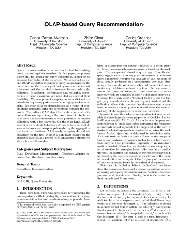 (PDF) OLAP-based query recommendation