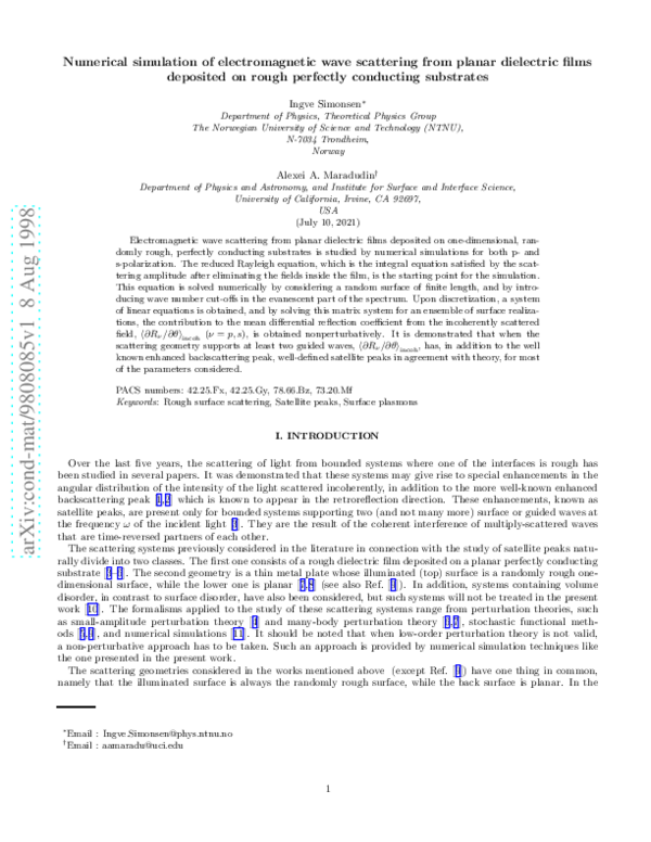 (PDF) Numerical simulation of electromagnetic wave scattering from ...