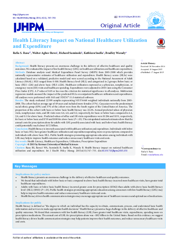 (PDF) Health Literacy Impact on National Healthcare Utilization and ...