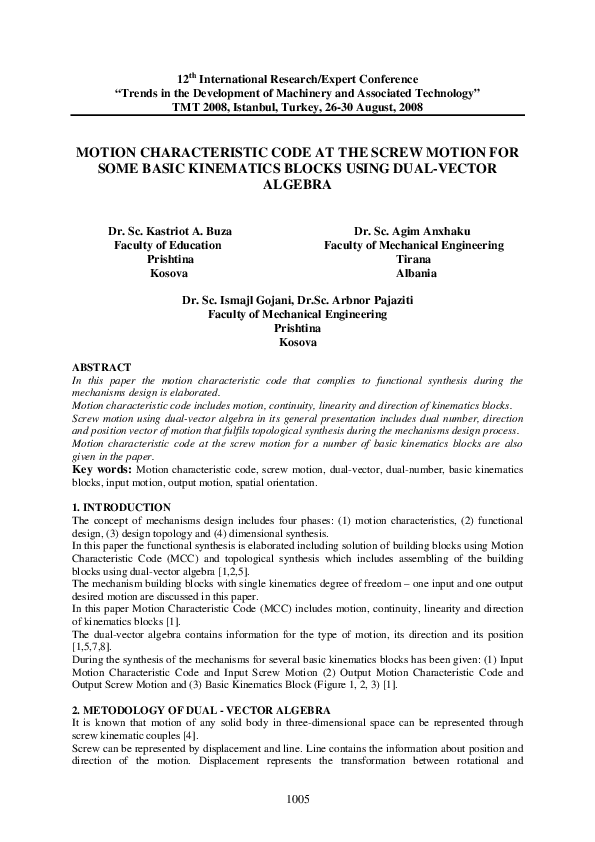 (PDF) Motion Characteristic Code at the Screw Motion for Some Basic ...