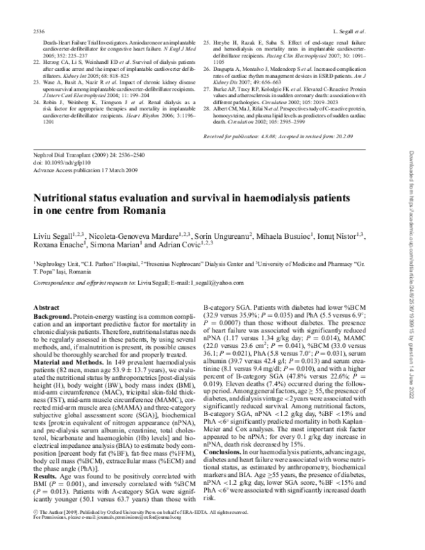 (PDF) Nutritional status evaluation and survival in haemodialysis ...