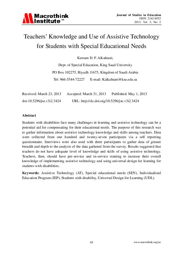 (PDF) Teachers’ Knowledge and Use of Assistive Technology for Students ...