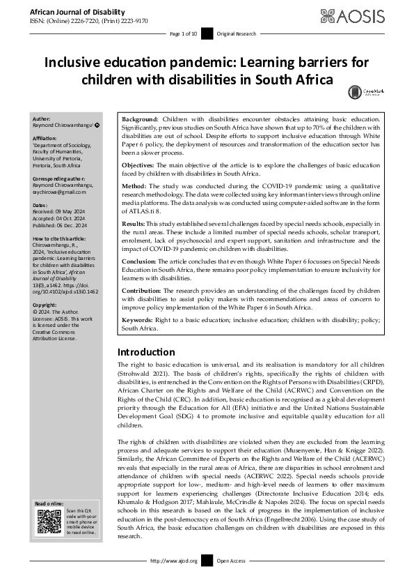 (PDF) Inclusive education pandemic: Learning barriers for children with ...