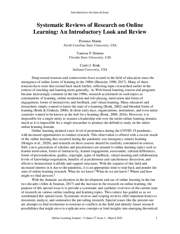 (PDF) Systematic Reviews of Research on Online Learning: An ...