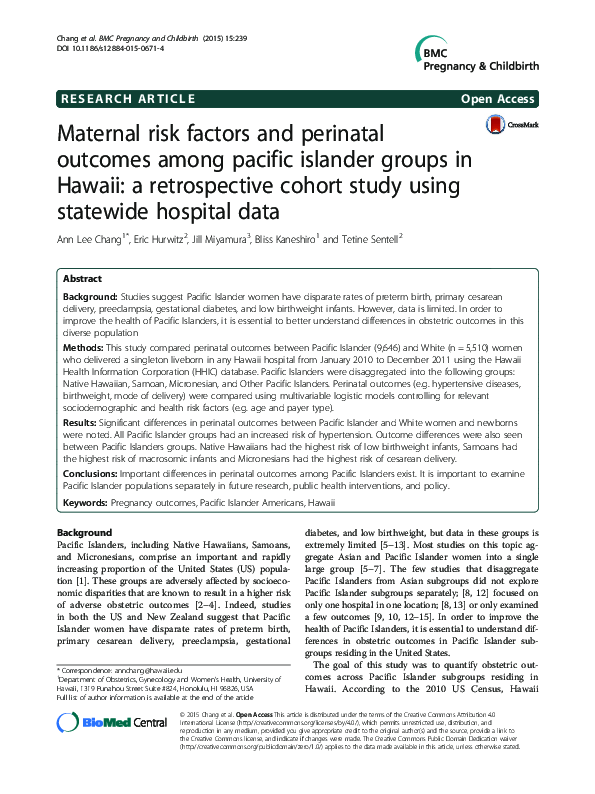 (PDF) Maternal risk factors and perinatal outcomes among pacific ...
