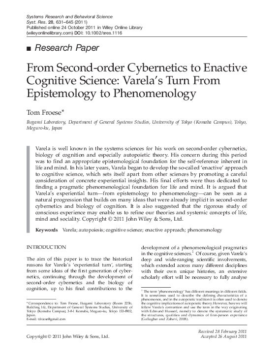 (PDF) From Second‐order Cybernetics to Enactive Cognitive Science ...