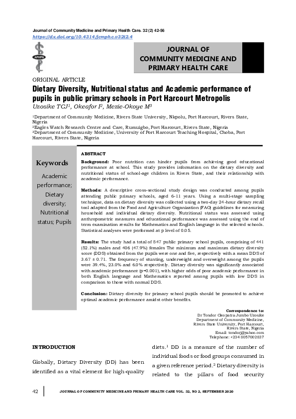 (PDF) Dietary Diversity, Nutritional status and Academic performance of ...