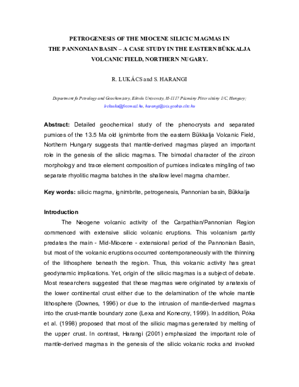 (PDF) Petrogenesis of the Miocene Silicic Magmas in the Pannonian Basin ...