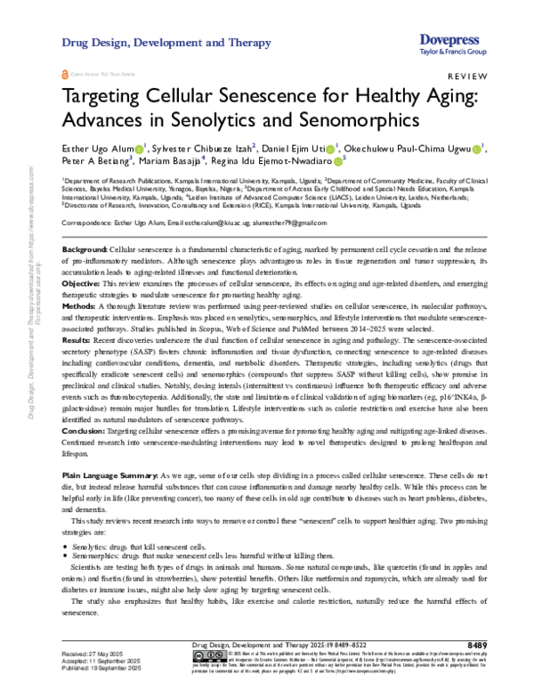 (PDF) Targeting Cellular Senescence for Healthy Aging: Advances in ...