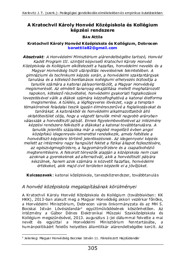 (PDF) A Kratochvil Károly Honvéd Középiskola és Kollégium képzési rendszere