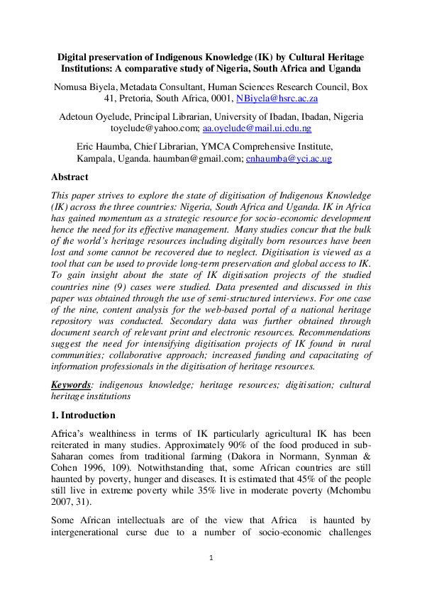 (PDF) Digital preservation of indigenous knowledge (IK) by cultural ...
