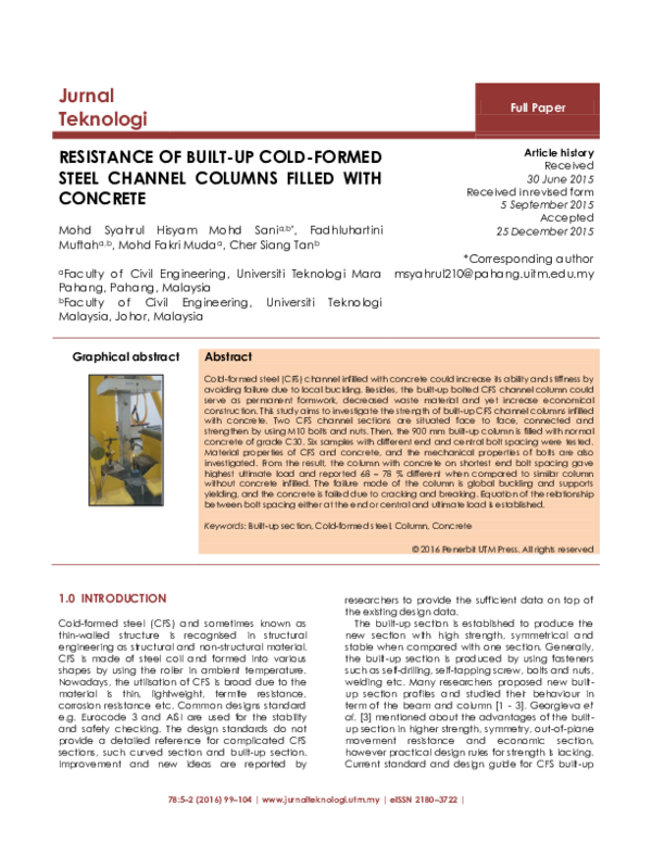 (PDF) Resistance of Built-Up Cold-Formed Steel Channel Columns Filled ...