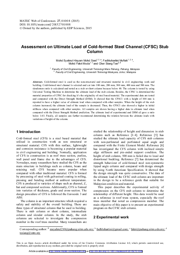 (PDF) Assessment on Ultimate Load of Cold-formed Steel Channel (CFSC ...