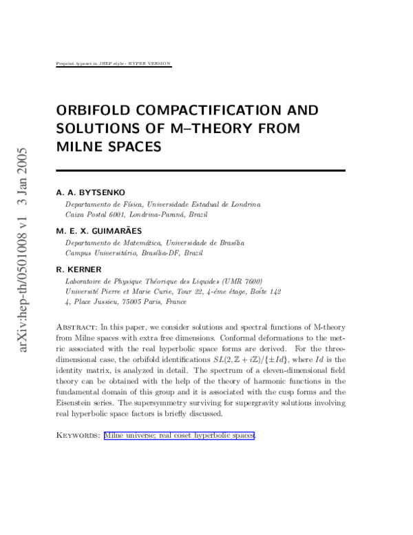 (PDF) Orbifold compactification and solutions of M-theory from Milne spaces