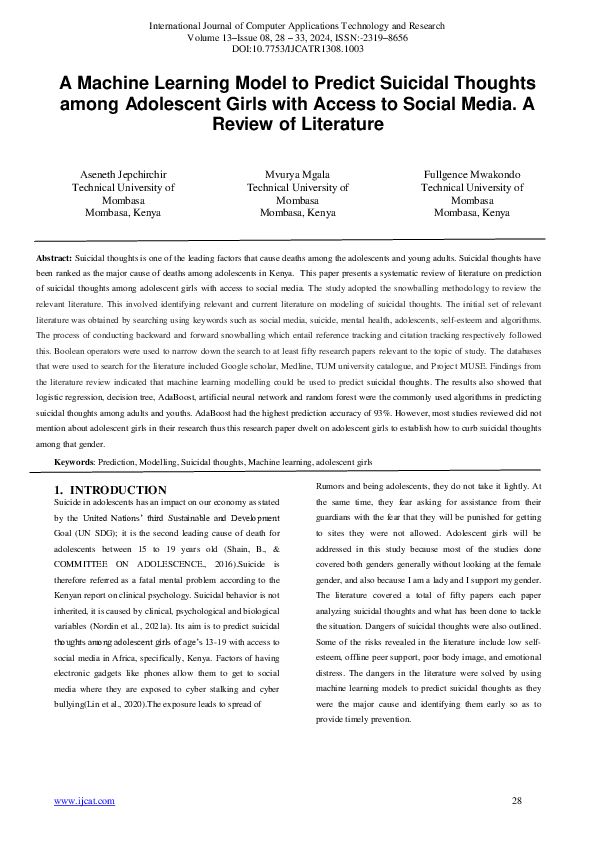 (PDF) A Machine Learning Model to Predict Suicidal Thoughts among ...