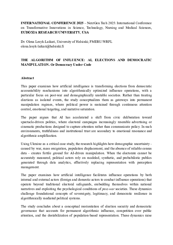 (PDF) THE ALGORITHM OF INFLUENCE: AI, ELECTIONS AND DEMOCRATIC ...