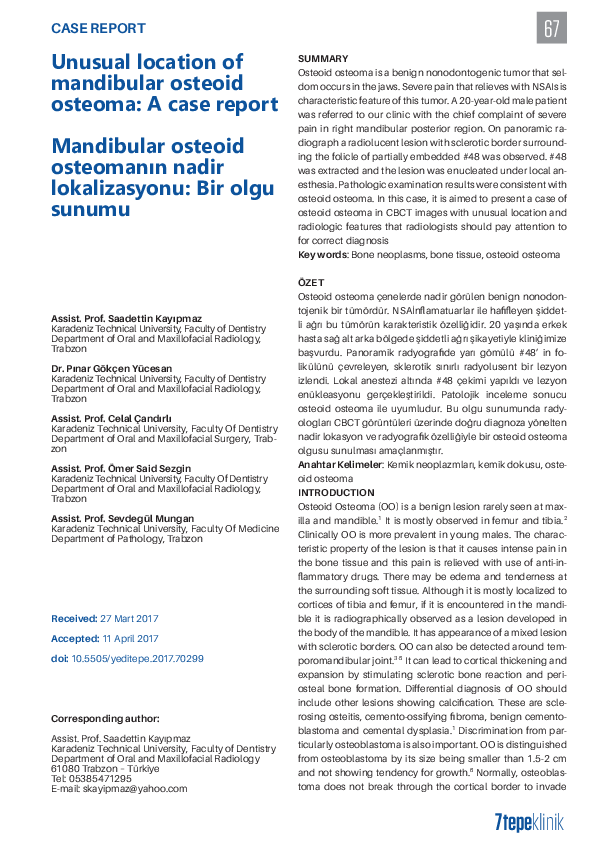 (PDF) Unusual location of mandibular osteoid osteoma: A case report