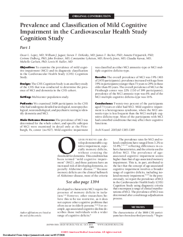 (PDF) Prevalence and Classification of Mild Cognitive Impairment in the ...