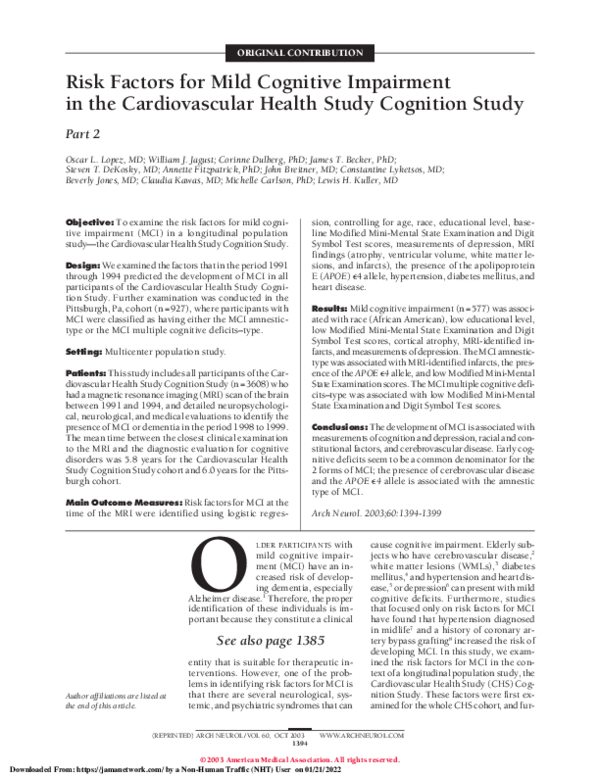(PDF) Risk Factors for Mild Cognitive Impairment in the Cardiovascular ...