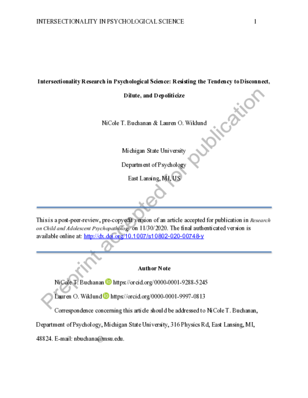 (PDF) Intersectionality Research in Psychological Science: Resisting ...