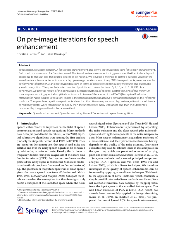 (PDF) On pre-image iterations for speech enhancement