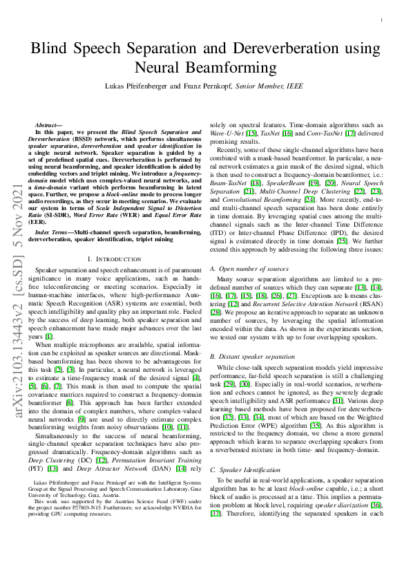 (PDF) Blind Speech Separation and Dereverberation using Neural Beamforming