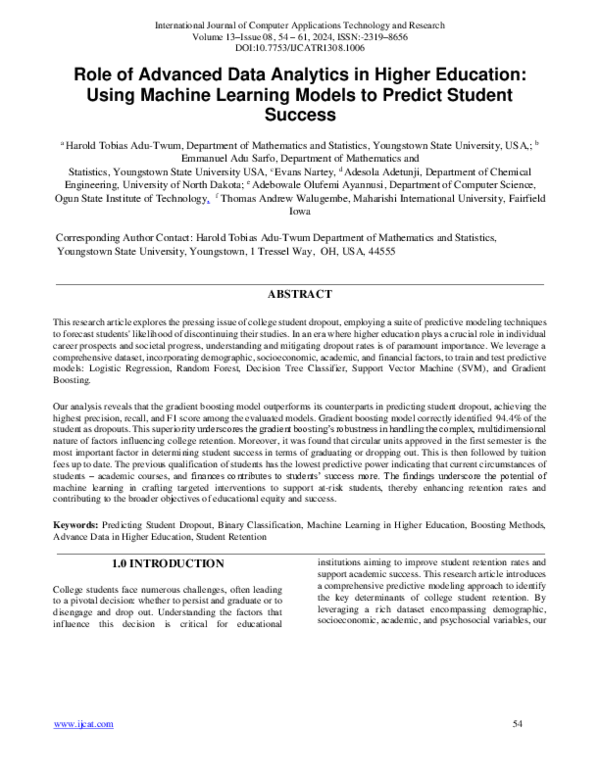 (PDF) Role of Advanced Data Analytics in Higher Education: Using ...