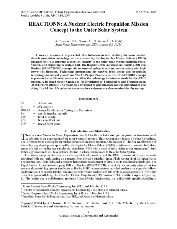 (PDF) REACTIONN: A Nuclear Electric Propulsion Mission Concept to the ...