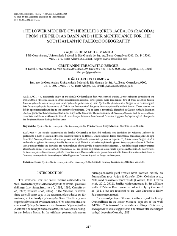 (PDF) The Lower Miocene cytherellids (Crustacea, Ostracoda) from the ...