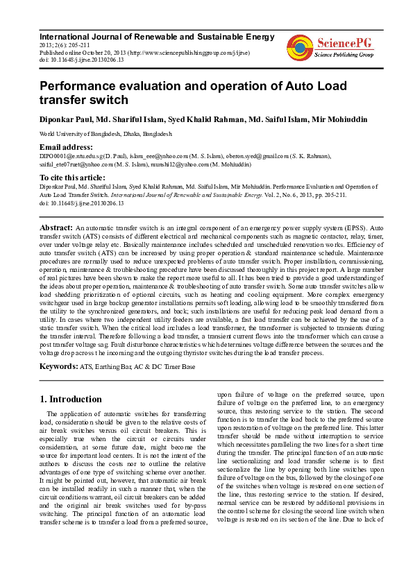 (PDF) Performance Evaluation and Operation of Auto Load Transfer Switch