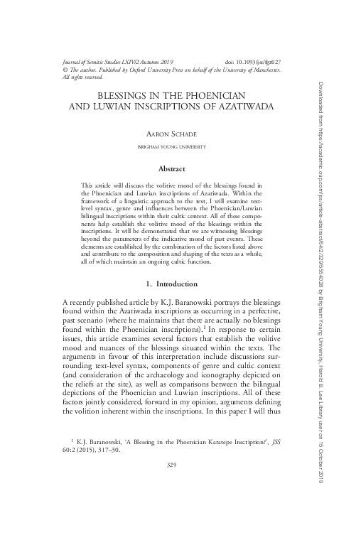 (PDF) BLESSINGS IN THE PHOENICIAN AND LUWIAN INSCRIPTIONS OF AZATIWADA