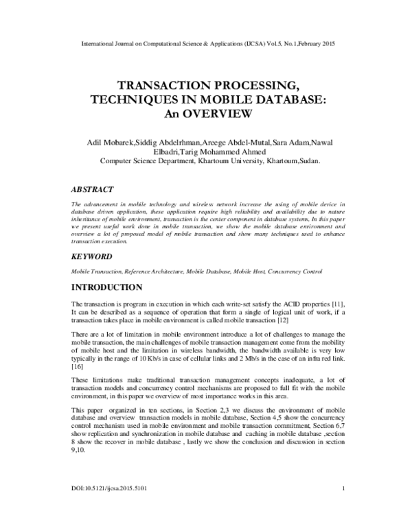 (PDF) Transaction Processing, Techniques In Mobile Database: An Overview