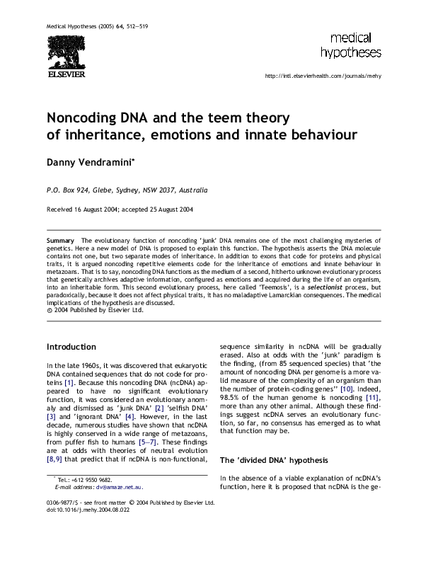 (PDF) Noncoding DNA and the teem theory of inheritance, emotions and ...