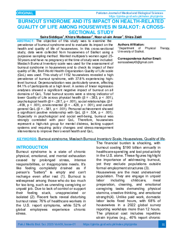 (PDF) BURNOUT SYNDROME AND ITS IMPACT ON HEALTH-RELATED QUALITY OF LIFE ...