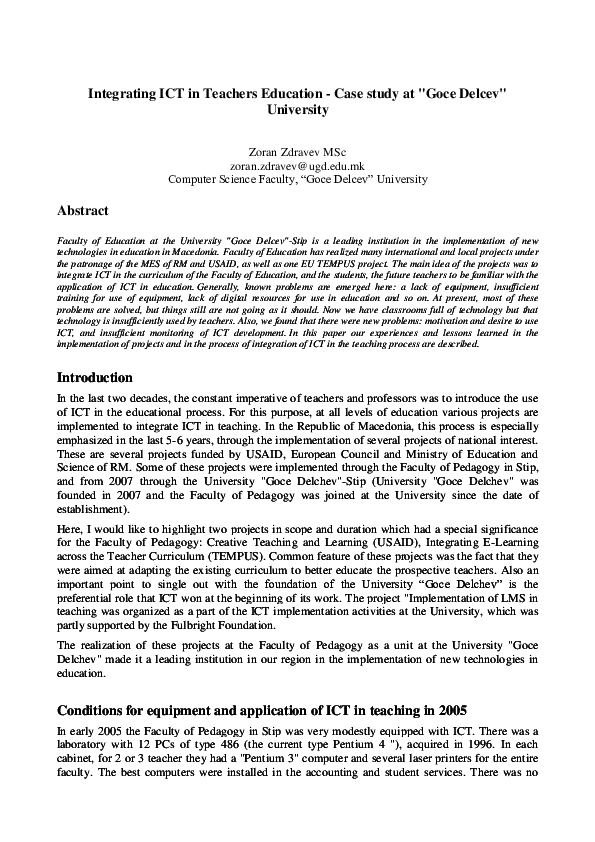 (PDF) Integrating ICT in Teachers Education - Case study at "Goce ...