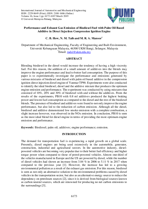 (PDF) Performance and Exhaust Gas Emission of Biodiesel Fuel with Palm ...