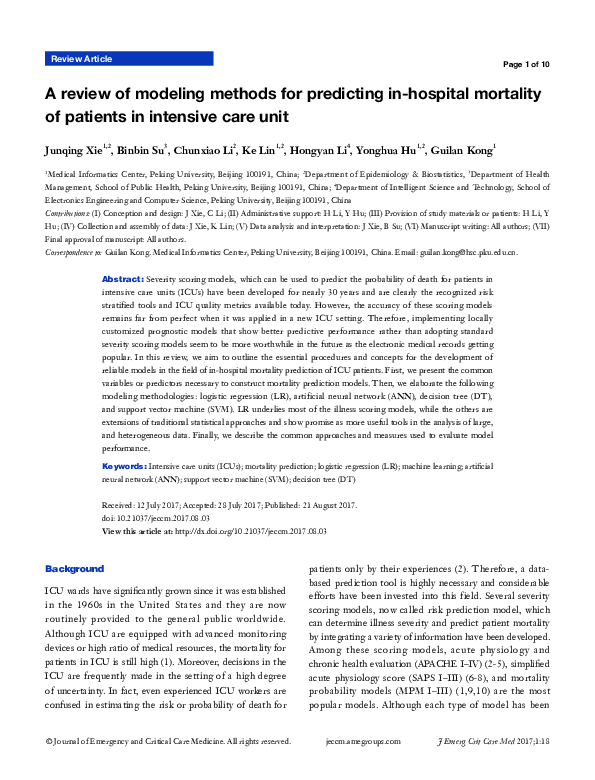 (PDF) A review of modeling methods for predicting in-hospital mortality ...