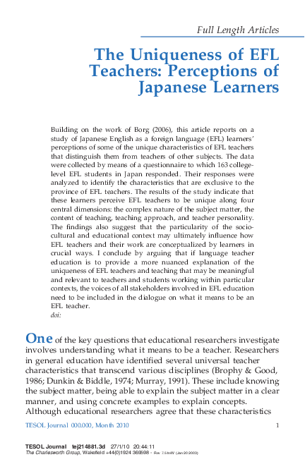 (PDF) The Uniqueness of EFL Teachers: Perceptions of Japanese Learners