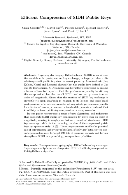 (PDF) Efficient Compression of SIDH Public Keys
