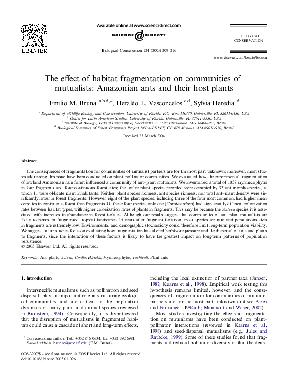 (PDF) The effect of habitat fragmentation on communities of mutualists ...